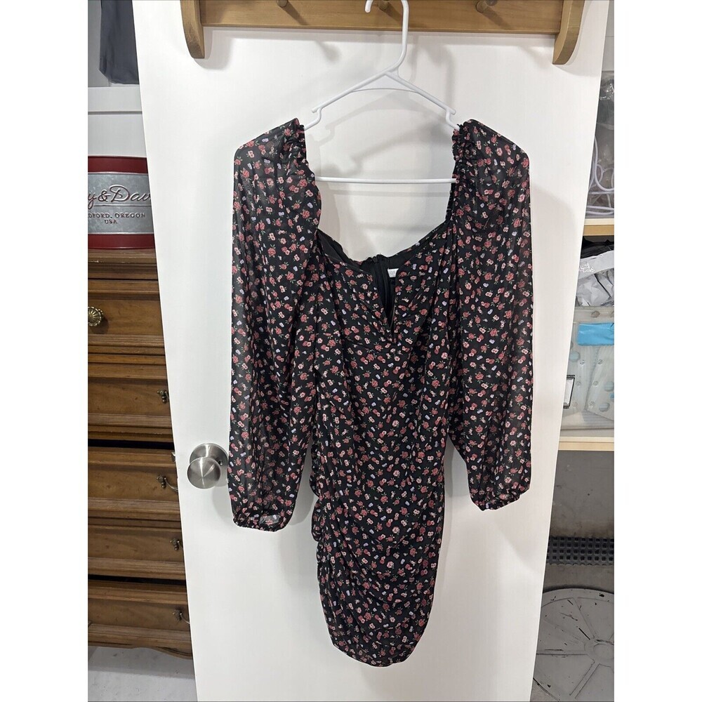 MORE TO COME Jaliyah Ruched Mini Dress in Black Floral, Size S Retail $88